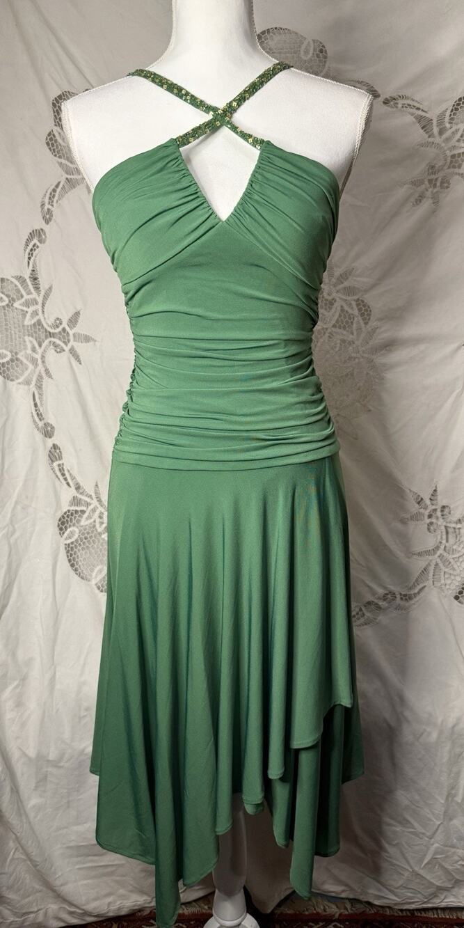 BCBG Max Azria Green Beaded Ruched Asymmetrical Dress S NWT $300 Y2K